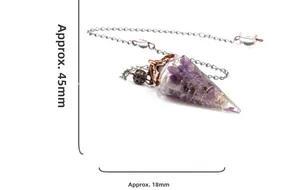 Detailed view of amethyst crystal pendulum with gold wire wrap, 45mm height and 18mm width
