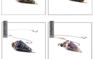 Detailed views of lapis lazuli and amethyst resin pendants with bronze wire wrap