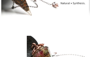 Detail of handmade wire-wrapped hexagonal crystal pendulum with natural and synthetic stone