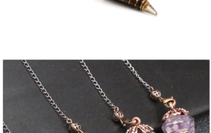 Detail of amethyst and smoky quartz hexagonal pendants with antique copper metal caps