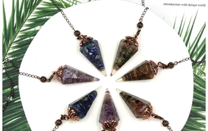 Detailed set of 7 resin crystal pendants with gold wire wrap and bronze chains