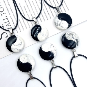 Yin Yang Tai Chi Pendant Necklace Natural Stone Round Eight Trigrams Healing Crystal Meditation Jewelry With Black Wax Cord