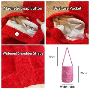 Plush faux fur bucket tote bag in vibrant red and pink with wide comfort shoulder straps