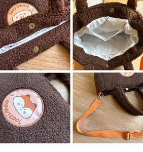 Detail of plush brown fleece crossbody bag with adjustable strap and fox cartoon patch