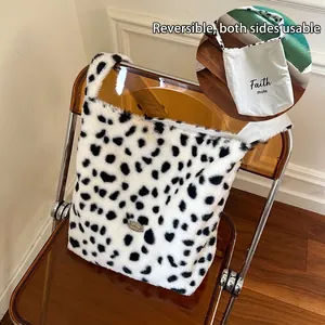 Reversible Plush Cow Print Tote Bag Large Capacity Faux Fur And Canvas Shoulder Handbag Winter Warm Style For Women