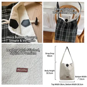 Dual-sided plush plaid tote bag with duffle button and dimensions 38x28.5x32.5cm
