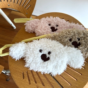 Cute puppy plush coin purses in white, pink, and brown with yellow top handles