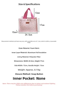 Detailed size specifications for pink bubble fabric insulated lunch bag with foil lining