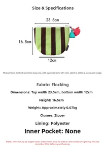 Size chart for striped velvet cosmetic bag showing width 23.5cm and height 16.5cm