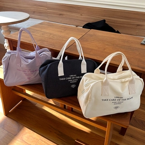 Canvas Boston Bag Women Large Capacity Handbag Letter Print Retro Casual Travel Tote With Zipper Double Handles
