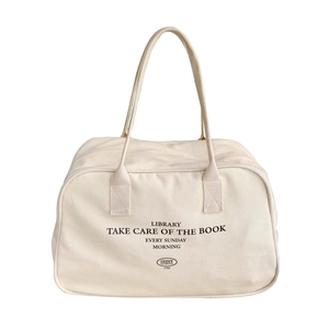 Large off-white canvas Boston bag with letter print and long handles for shoulder use