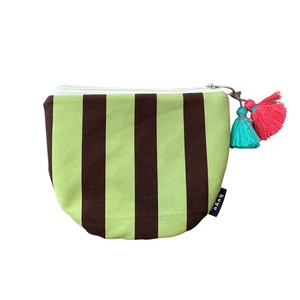 Striped fabric makeup bag with colorful double tassels and a secure zipper closure