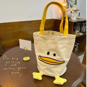 Cute Cartoon Embroidery Canvas Bucket Bag With 3D Plush Decoration Casual Handbag For Women Student Lunch Tote