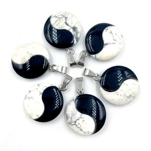 Set of six Yin Yang stone pendants with black and white natural stones and silver clasps