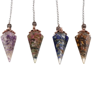 Conical crystal pendulum necklace with spiral gold wire wrap and crushed gemstones