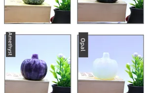 Dettaglio di zucche intagliate in lepidolite naturale e opalite per decorazione