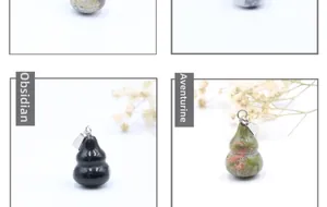 Detail view of natural obsidian and unakite stone gourd pendants with silver metal clasps