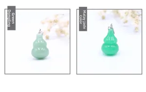 Detail of green aventurine and colored malayan jade Wu Lou pendants with silver clasps