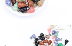 Detailed view of natural gemstone gourd pendants in various colors with metal clasps