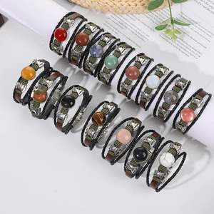 Vintage Multi-layer Cowhide Braided Bracelet Alloy Bell Leaf Charm Natural Stone Agate Tiger Eye Beaded Wrap Bracelet For Unisex Gift