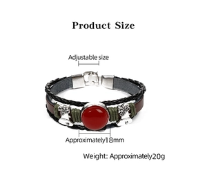 Detailed view of vintage leather bracelet with red stone and adjustable size specs