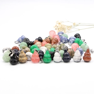 Natural gemstone gourd pendants in various colors including obsidian and green aventurine