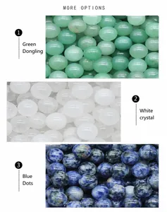 Macro detail of polished green aventurine, white crystal, and blue dot stone beads