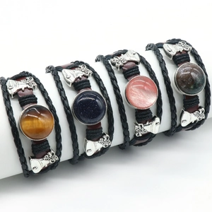 Retro braided leather bracelets set with crystal stones and alloy butterfly charms