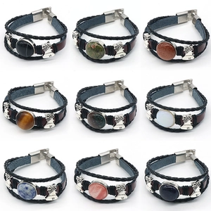 Retro multi-layer leather braided bracelet with natural gemstones and metal clasp