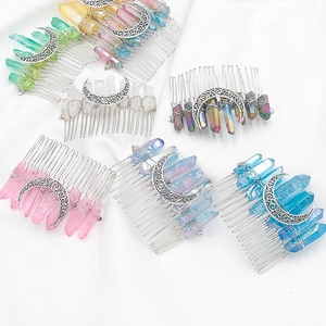 Bohemian crystal hair combs with silver moon motifs and raw natural stone pillars