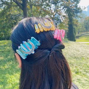 Bohemian silver moon hair comb with raw crystal stones in blue yellow and pink