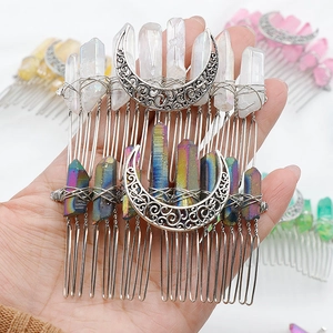 Wicca bridal hair comb with moon charm and natural rainbow crystal points