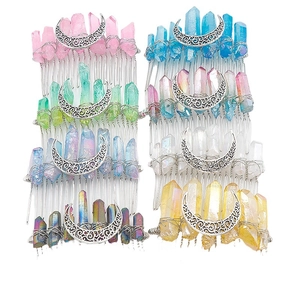 Handmade wicca moon hair combs set with natural crystals in eight vibrant colors