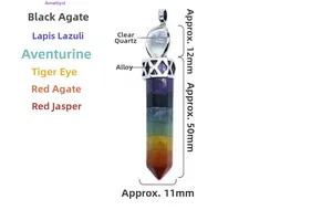 Detailed dimensions of 62mm hexagonal chakra crystal wand pendant necklace with silver clasp