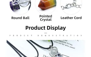 Detail of colorful hexagonal crystal prism and round sphere pendant on black cord