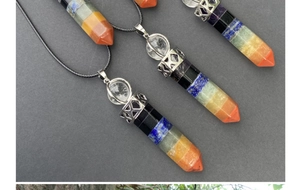 Close-up of a 7 chakra hexagonal crystal wand pendant with silver alloy ornate clasp detail