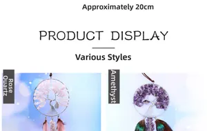 Detail of rose quartz and amethyst tree of life dreamcatchers with natural feathers
