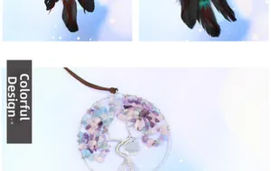 Detail of Tree of Life dream catcher with healing crystals and peacock feathers