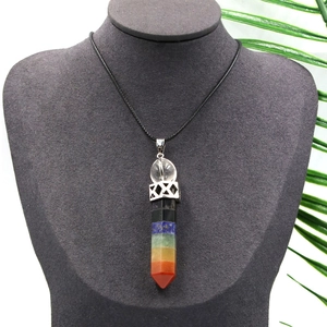 Seven chakra hexagonal crystal wand necklace with silver filigree and black cord