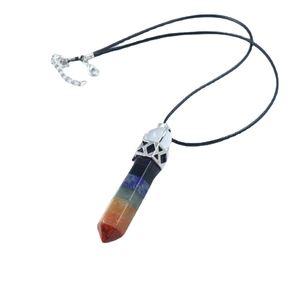 Seven chakra hexagonal crystal wand pendant with silver metal cap and black cord