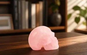 Macro detail of hand-carved pink rose quartz skull with polished translucent texture