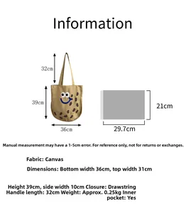Specifiche dettagliate delle dimensioni della borsa tote in tela marrone con ricamo cartoon