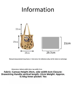 Guida alle taglie della borsa in tela con dimensioni 26x29x6cm e manico da 22cm