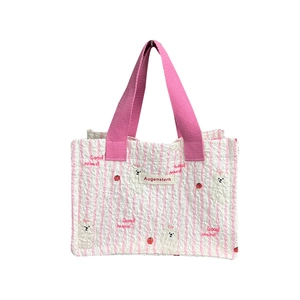 Borsa tote a righe rosa in seersucker con ricamo a cane e stampa Good Mood carina