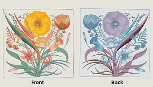 Detailed front and back views of 90cm floral silk scarf with colorful vintage patterns