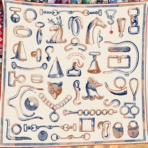 130cm square silk scarf with vintage equestrian chain and animal illustrations on cream background