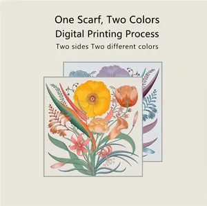 Floral 90cm square scarf with two-sided reversible colors and digital flower print