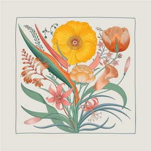 Detailed close-up of vibrant floral print on premium square silk shawl with lily motifs