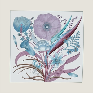 Detailed Morandi style floral pattern on square silk scarf with vintage botanical print
