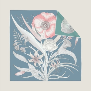 90cm double-sided floral silk scarf with hand-painted lilies and poppies on blue base